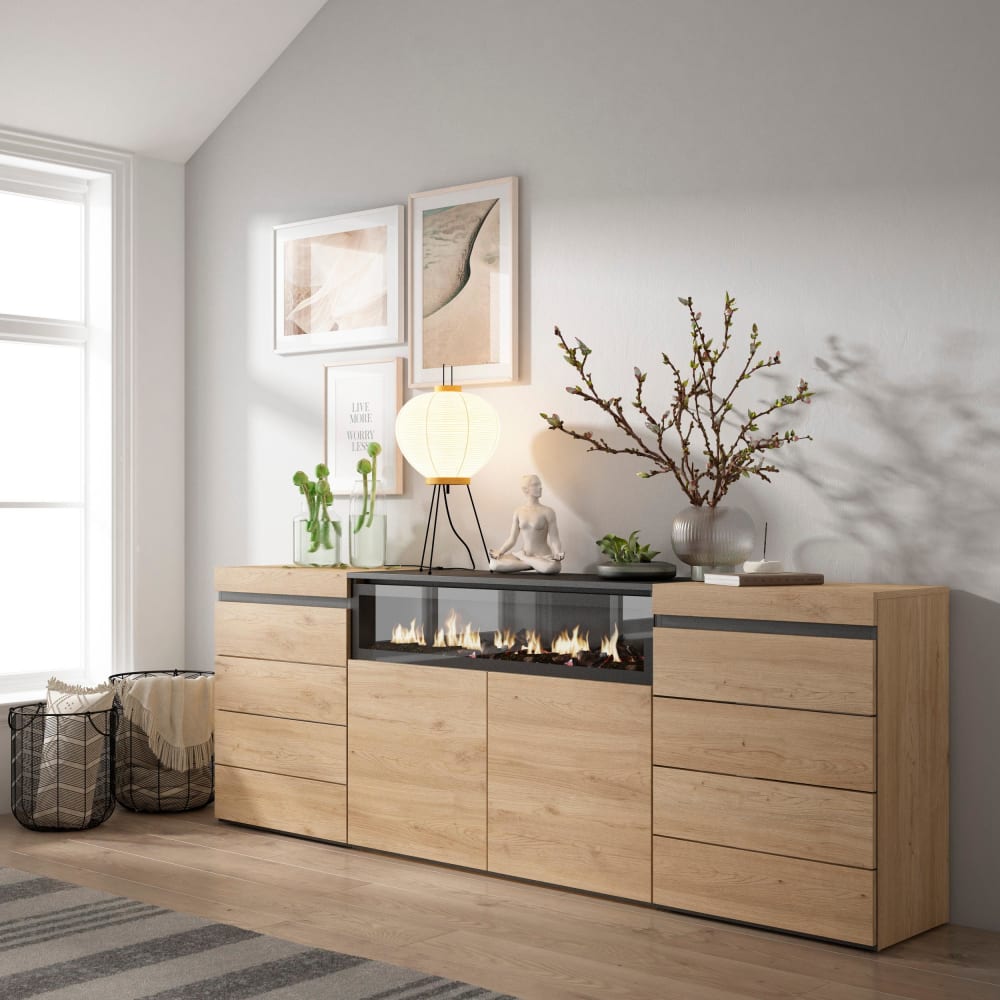 Commode effet bois de chêne 214x35x75cm cheminée effet feu