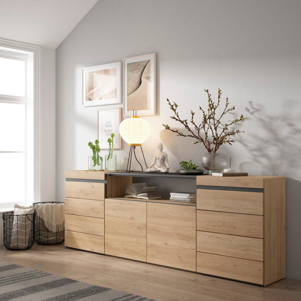 Skraut home Kommode Holzeffekt 214x35x75cm Eiche style modern Beige Spanplatte