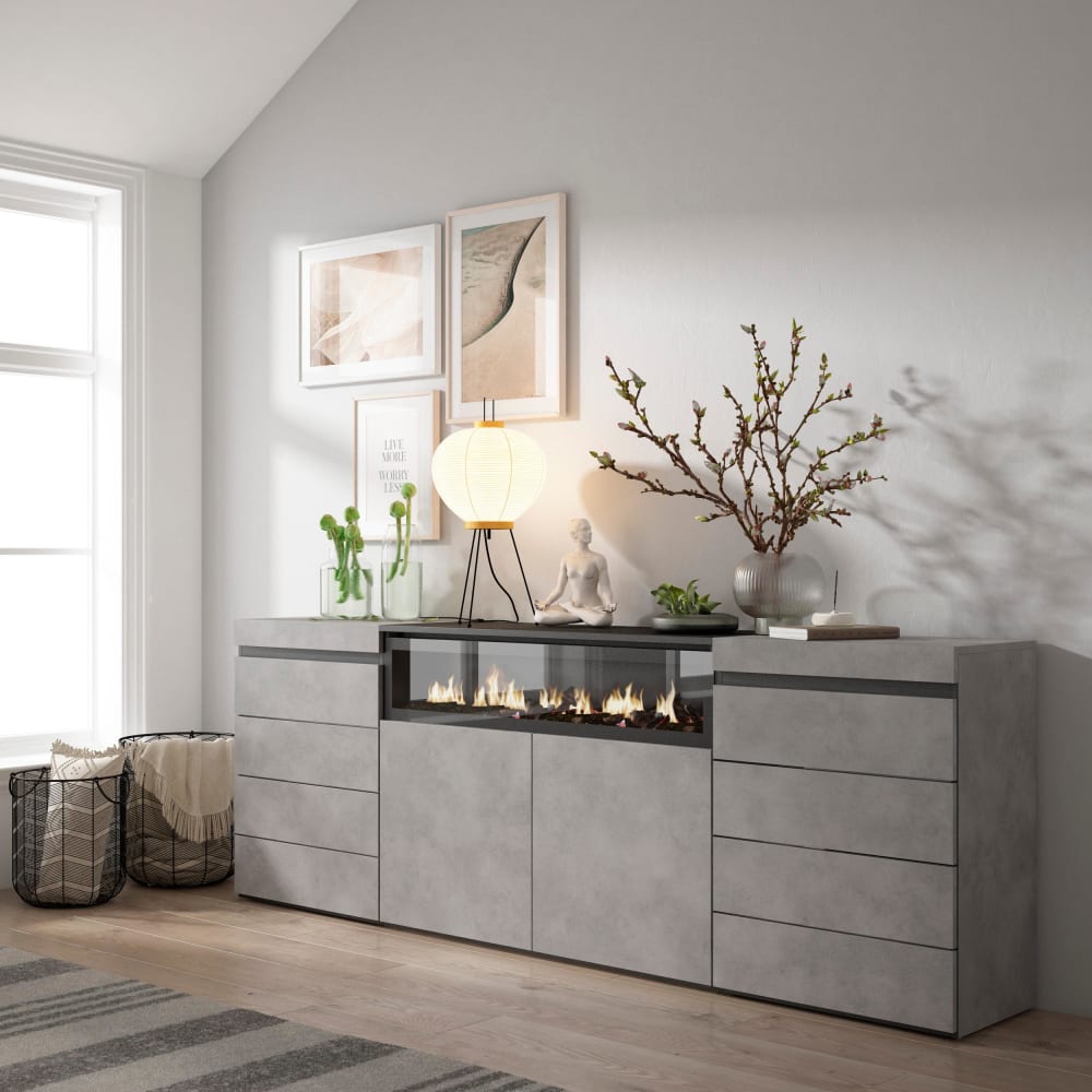 Skraut home Kommode Holzeffekt Kamin mit Feuereffekt 214x35x75cm Zement style modern Grau Spanplatte