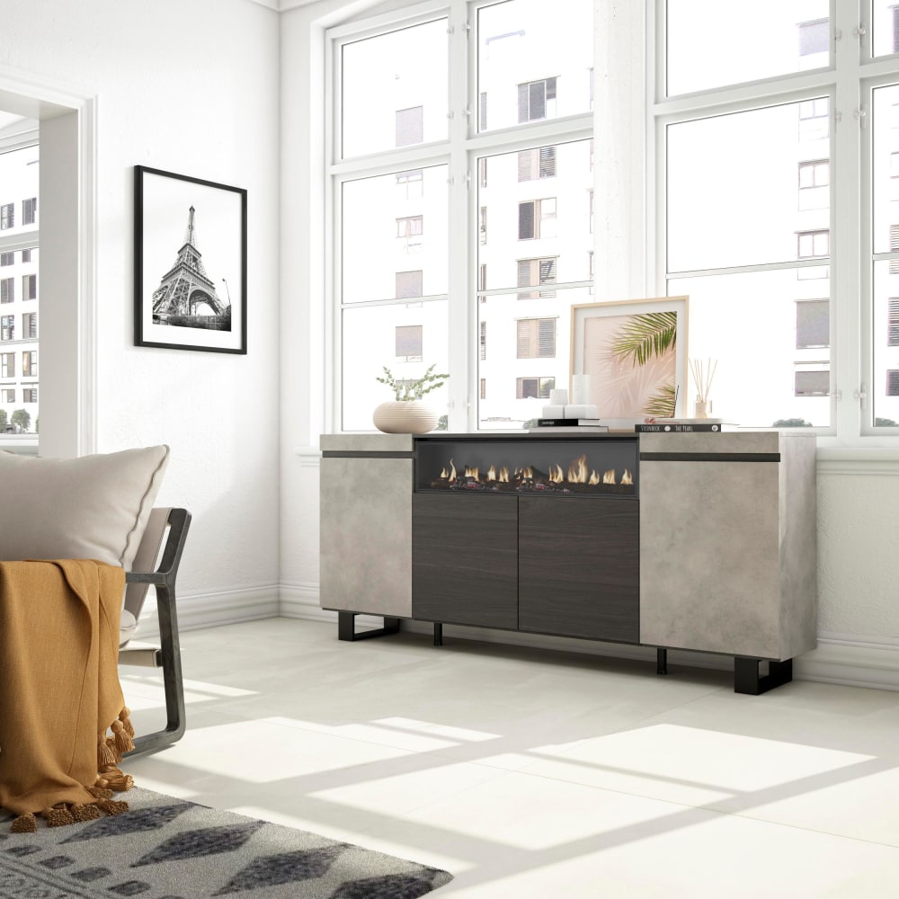 Skraut home Sideboard Holzeffekt Kamin mit Feuereffekt 200x35x87cm Zement style modern Grau Spanplatte
