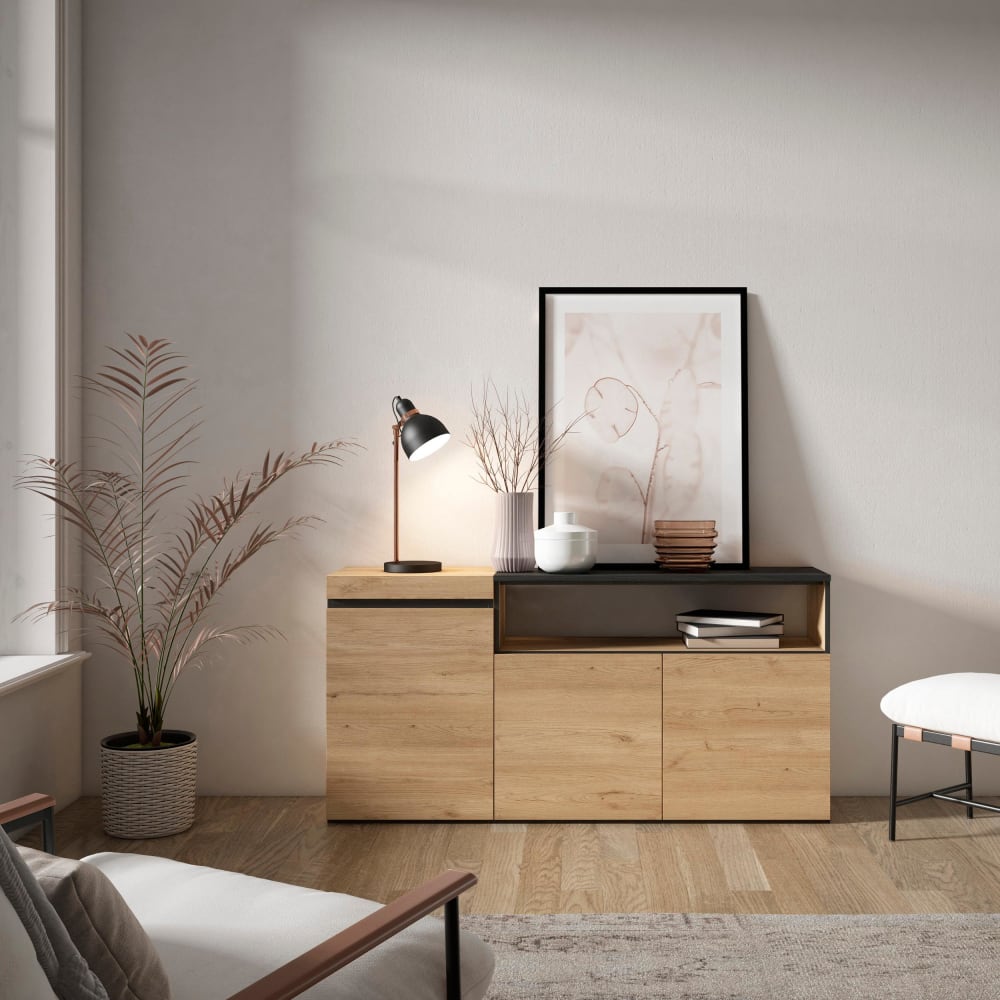 Skraut home Sideboard Holzeffekt 150x35x75cm Eiche und Schwarz style modern Beige Spanplatte