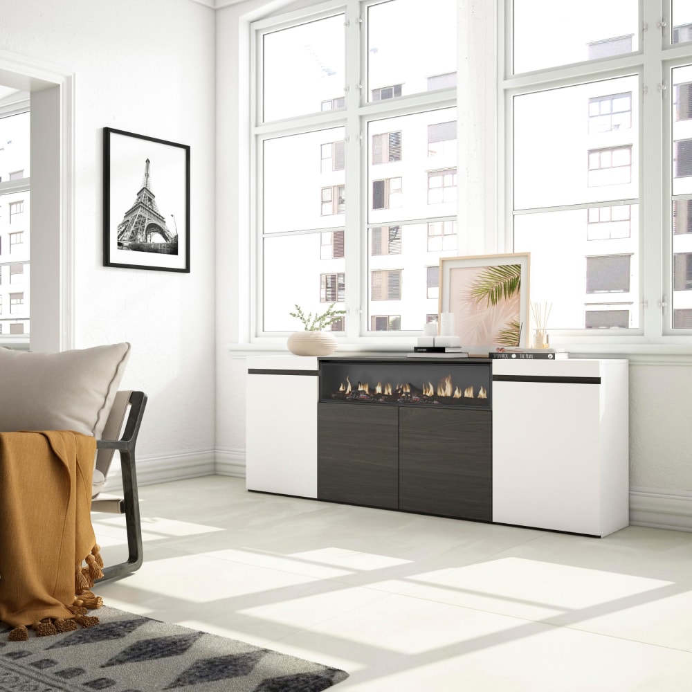 Buffet effet bois blanc et noir 200x35x75cm cheminée effet feu