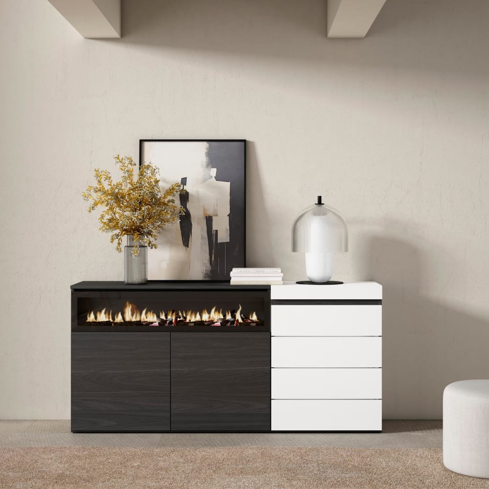 Skraut home Sideboard Holzeffekt Kamin mit Feuereffekt 157x35x75cm Weiß style modern Weiß Spanplatte