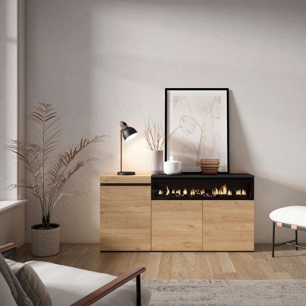 Skraut home Sideboard Holzeffekt Kamin mit Feuereffekt 150x35x75 Eiche und Schwarz style modern Beige Spanplatte