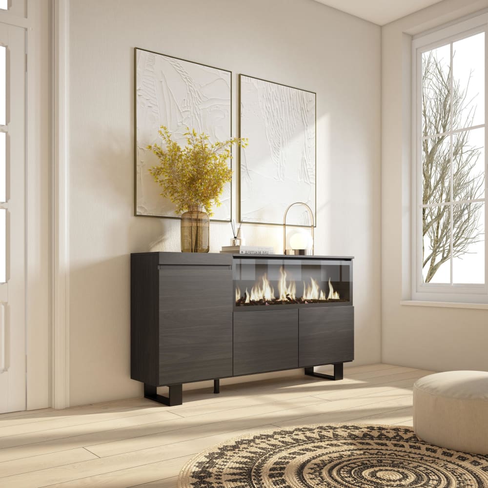 Buffet effet bois noir 158x35x87cm cheminée effet feu XXL