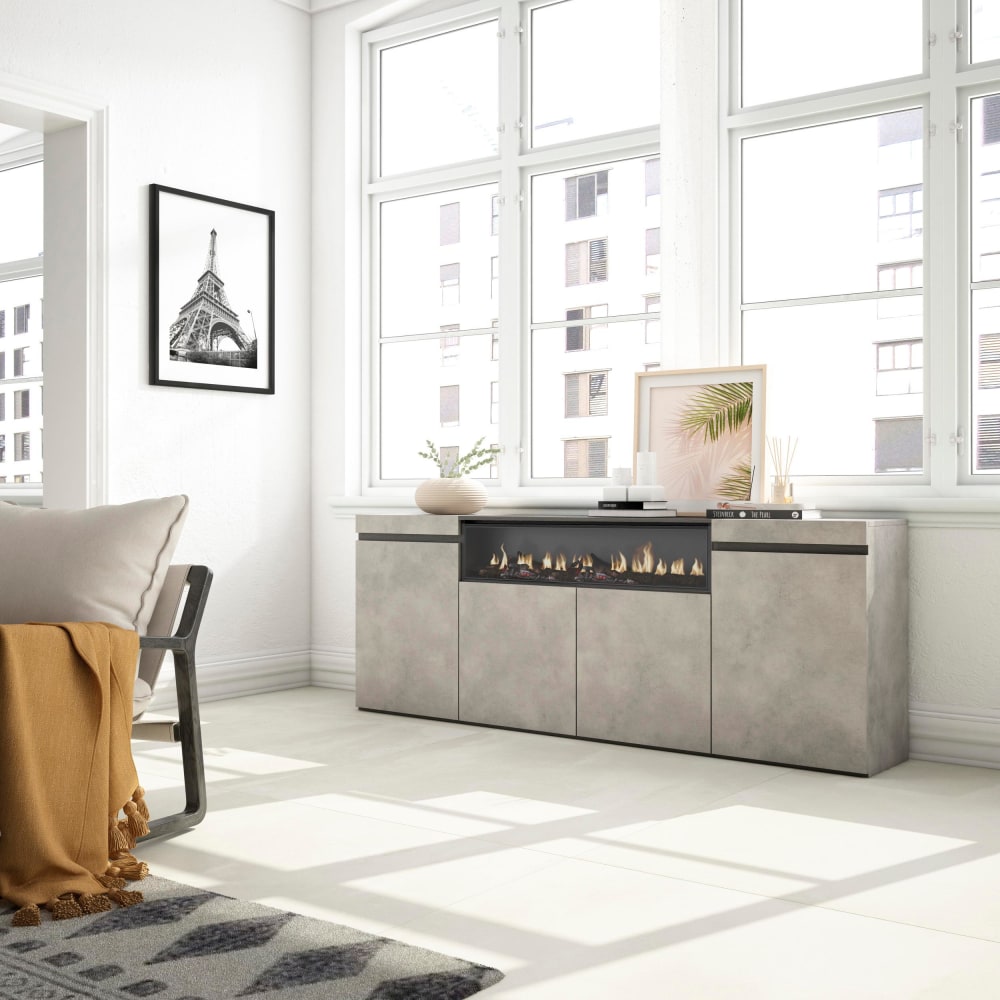 Skraut home Sideboard Holzeffekt Kamin mit Feuereffekt 200x35x75cm Zement style modern Grau Spanplatte