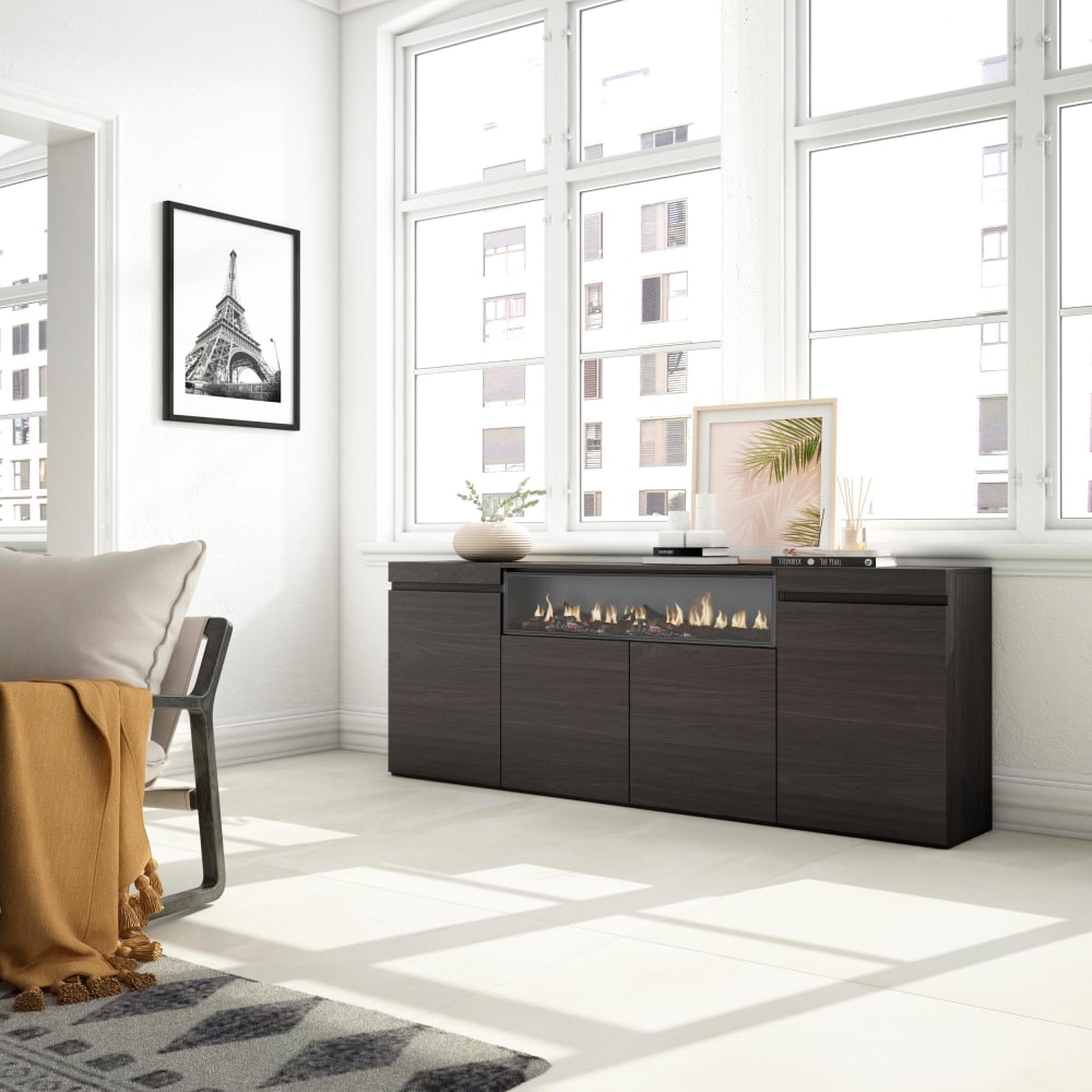 Skraut home Sideboard Holzeffekt Kamin mit Feuereffekt 200x35x75cm Schwarz style modern Schwarz Spanplatte