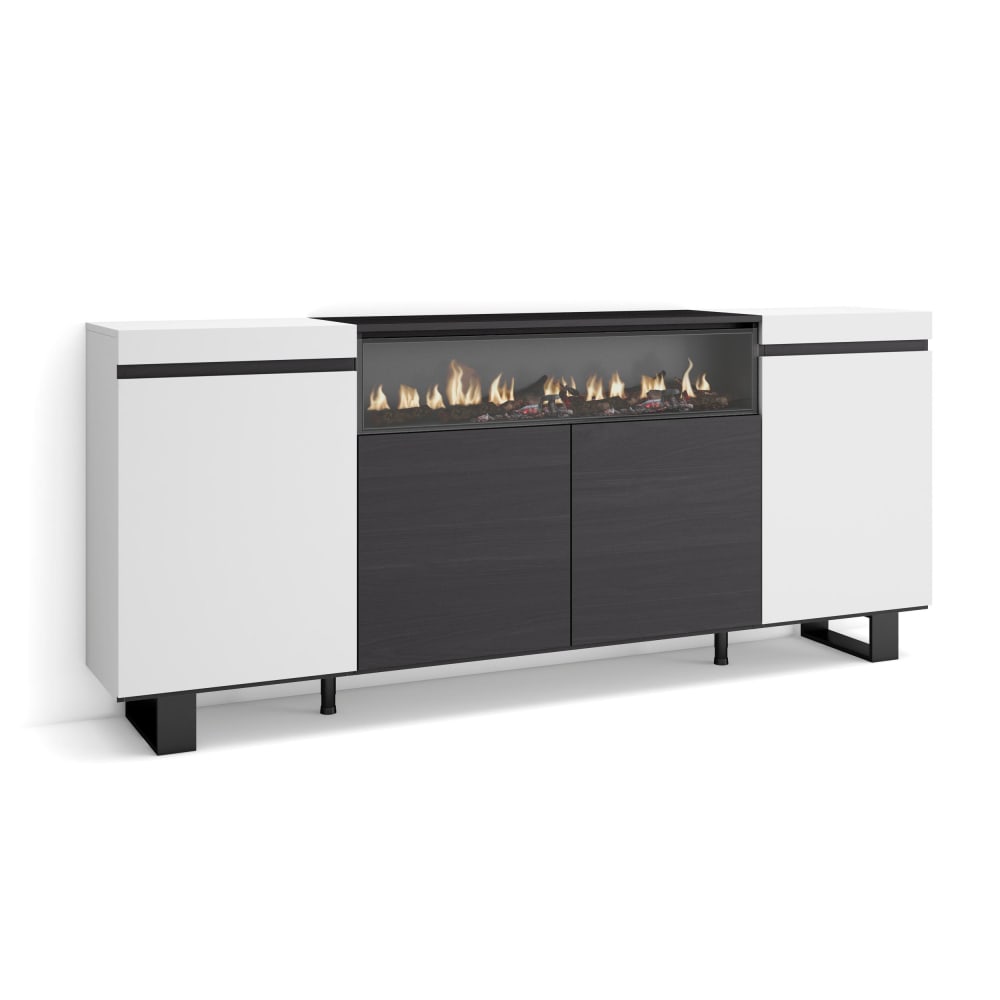Buffet effet bois blanc et noir 200x35x87cm cheminée effet feu