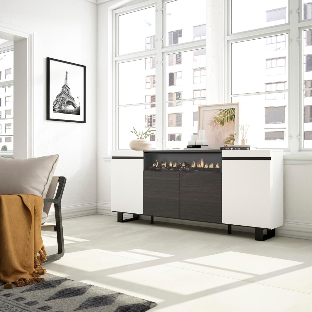 Skraut home Sideboard Holzeffekt Kamin mit Feuereffekt 200x35x87 Weiß und Schwarz style modern Weiß Spanplatte