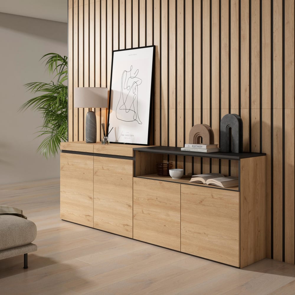 Skraut home Sideboard Holzeffekt 200x35x75cm Eiche und Schwarz style modern Beige Spanplatte
