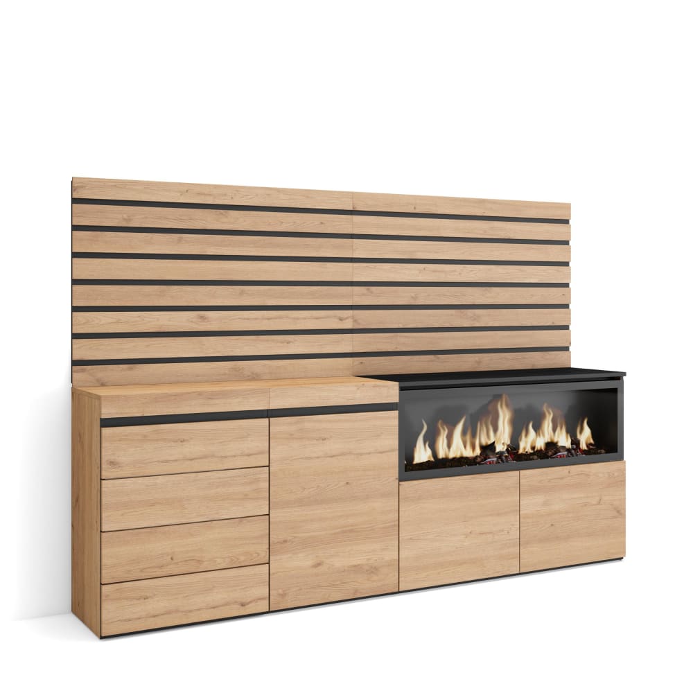 Buffet effet bois de chêne 214x35x145cm cheminée effet feu XXL