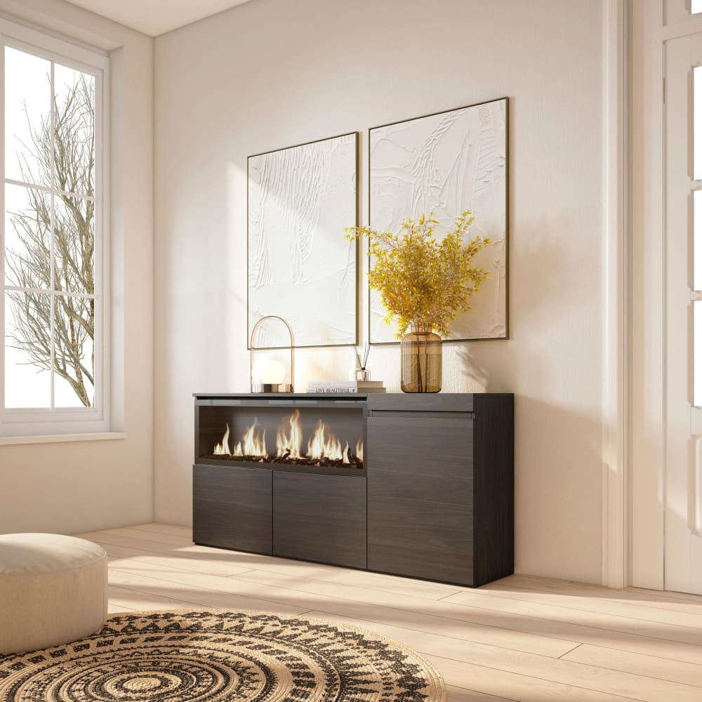 Buffet effet bois noir 158x35x75cm cheminée effet feu XXL