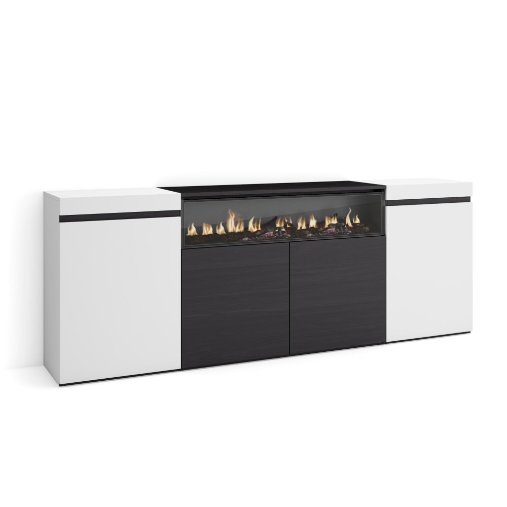 Buffet effet bois blanc et noir 200x35x75cm cheminée effet feu