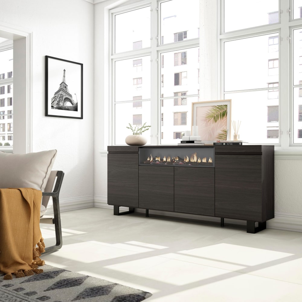 Skraut home Sideboard Holzeffekt Kamin mit Feuereffekt 200x35x87cm Schwarz style modern Schwarz Spanplatte