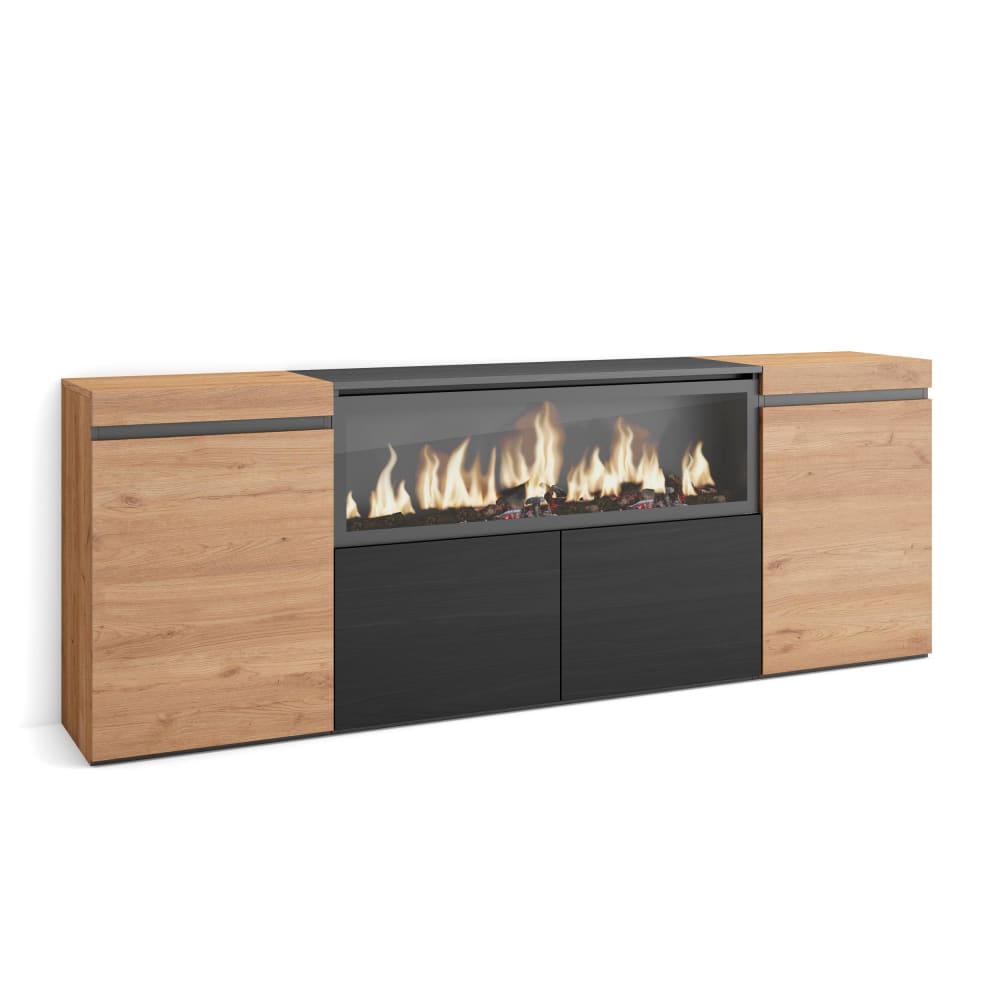 Buffet effet bois de chêne et noir 208x35x75cm cheminée effet feu XXL