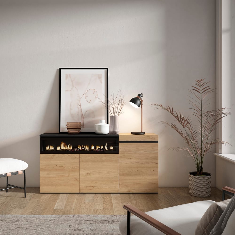 Skraut home Sideboard Holzeffekt Kamin mit Feuereffekt 150x35x75 Eiche und Schwarz style modern Beige Spanplatte