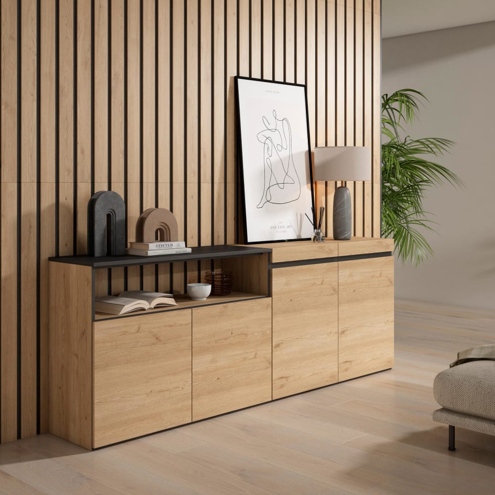 Skraut home Sideboard Holzeffekt 200x35x75cm Eiche und Schwarz style modern Beige Spanplatte