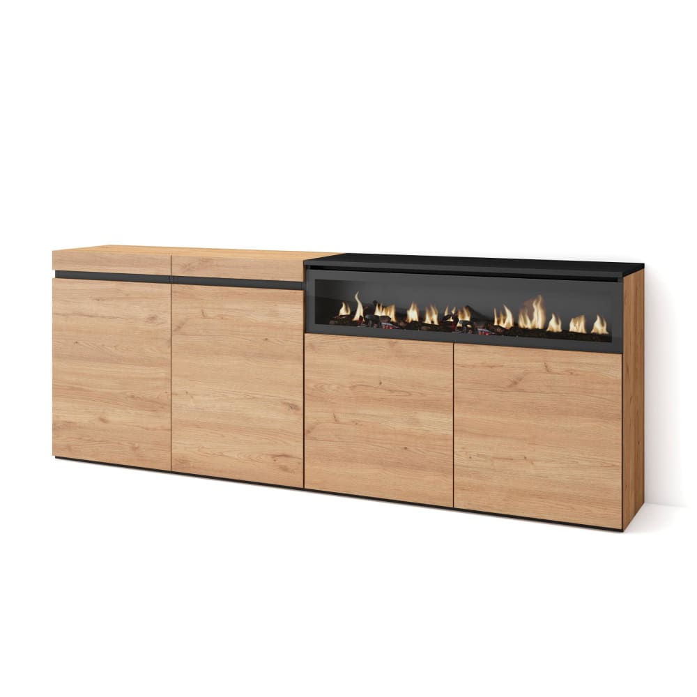 Buffet effet bois de chêne et noir 200x35x75cm cheminée effet feu