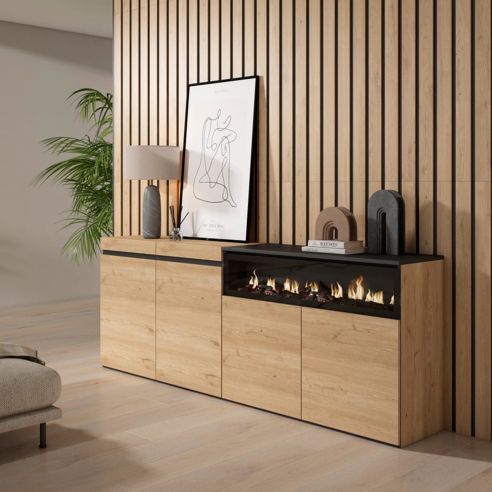 Skraut home Sideboard Holzeffekt Kamin mit Feuereffekt 200x35x75 Eiche und Schwarz style modern Beige Spanplatte