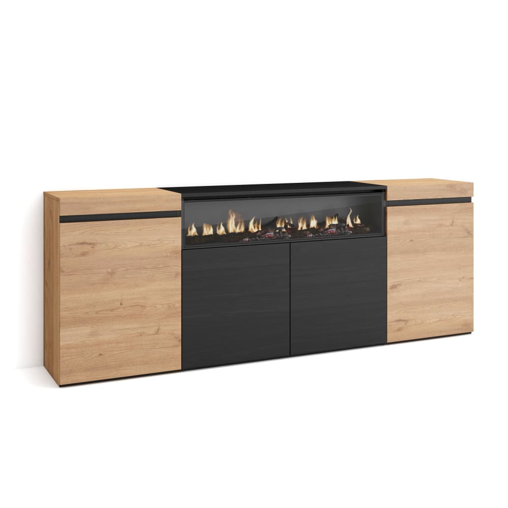 Buffet effet bois de chêne et noir 200x35x75cm cheminée effet feu