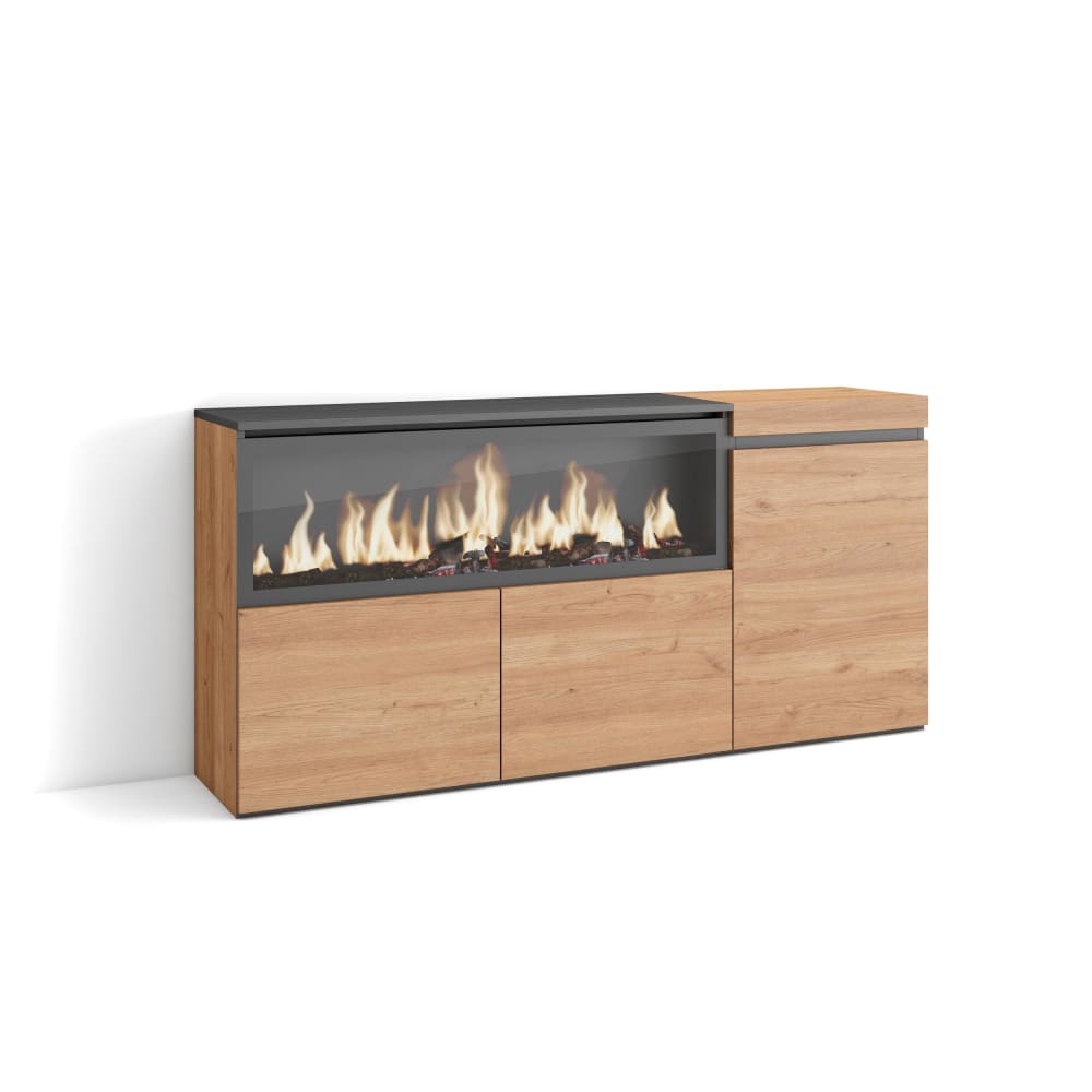 Buffet effet bois de chêne 158x35x75cm cheminée effet feu XXL