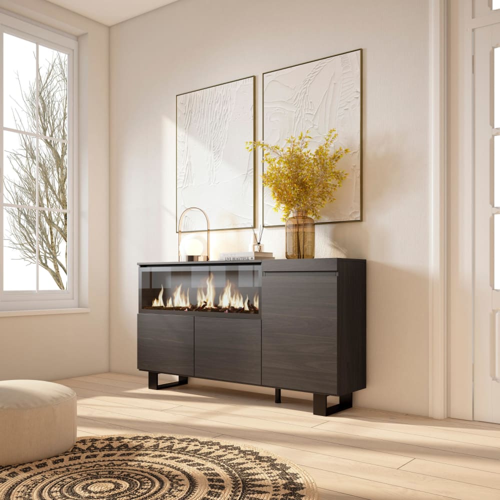 Buffet effet bois noir 158x35x87cm cheminée effet feu XXL