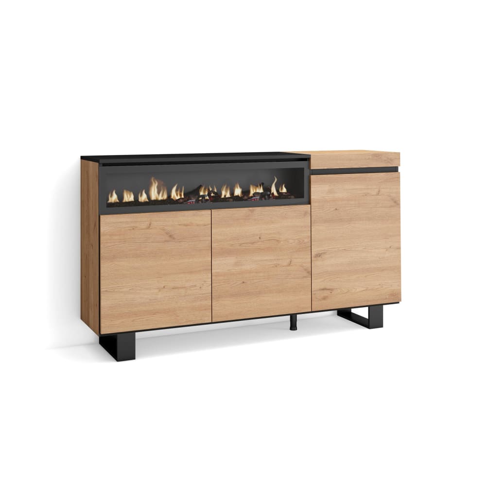 Buffet effet bois de chêne et noir 150x35x87cm cheminée effet feu