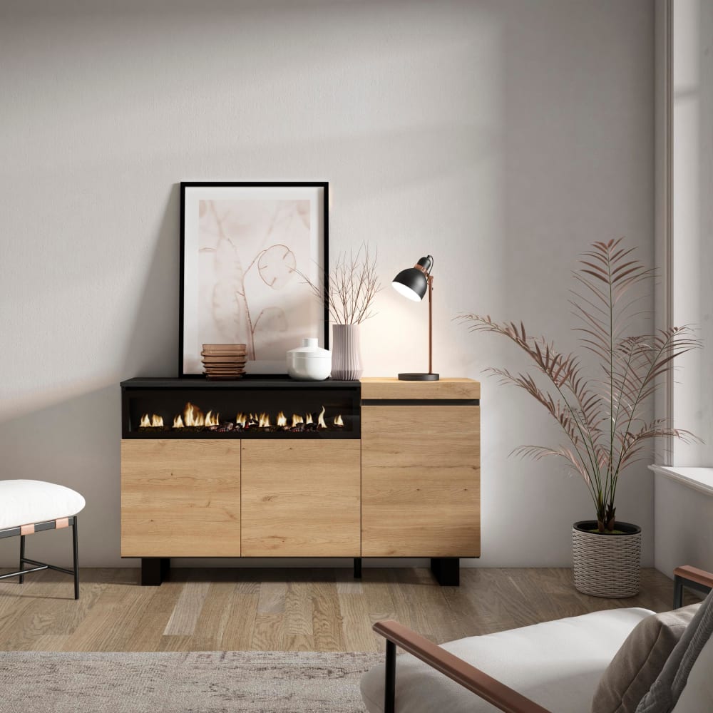 Skraut home Sideboard Holzeffekt Kamin mit Feuereffekt 150x35x87 Eiche und Schwarz style modern Beige Spanplatte