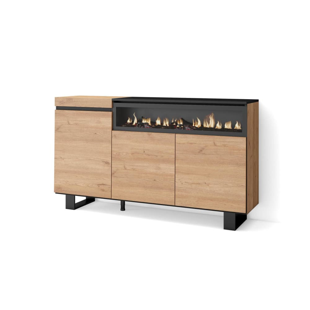Buffet effet bois de chêne et noir 150x35x87cm cheminée effet feu