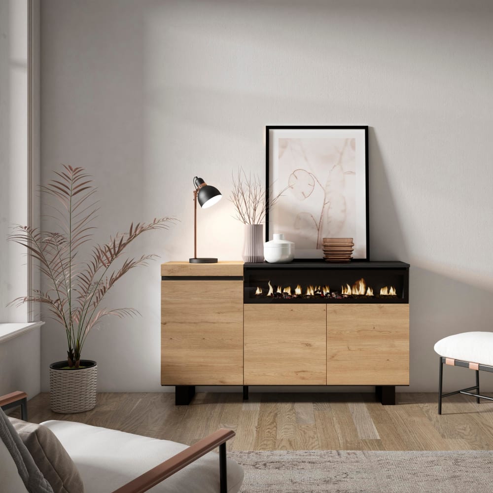 Buffet effet bois de chêne et noir 150x35x87cm cheminée effet feu
