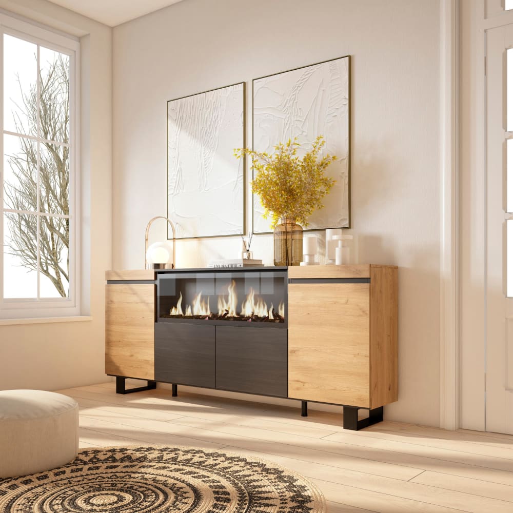 Skraut home Sideboard Holzeffekt Kamin mit Feuereffekt 208x35x87 Eiche und Schwarz style modern Beige Spanplatte