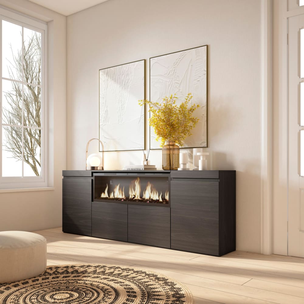Buffet effet bois noir 208x35x75cm cheminée effet feu XXL