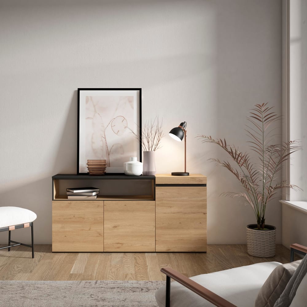 Skraut home Sideboard Holzeffekt 150x35x75cm Eiche und Schwarz style modern Beige Spanplatte