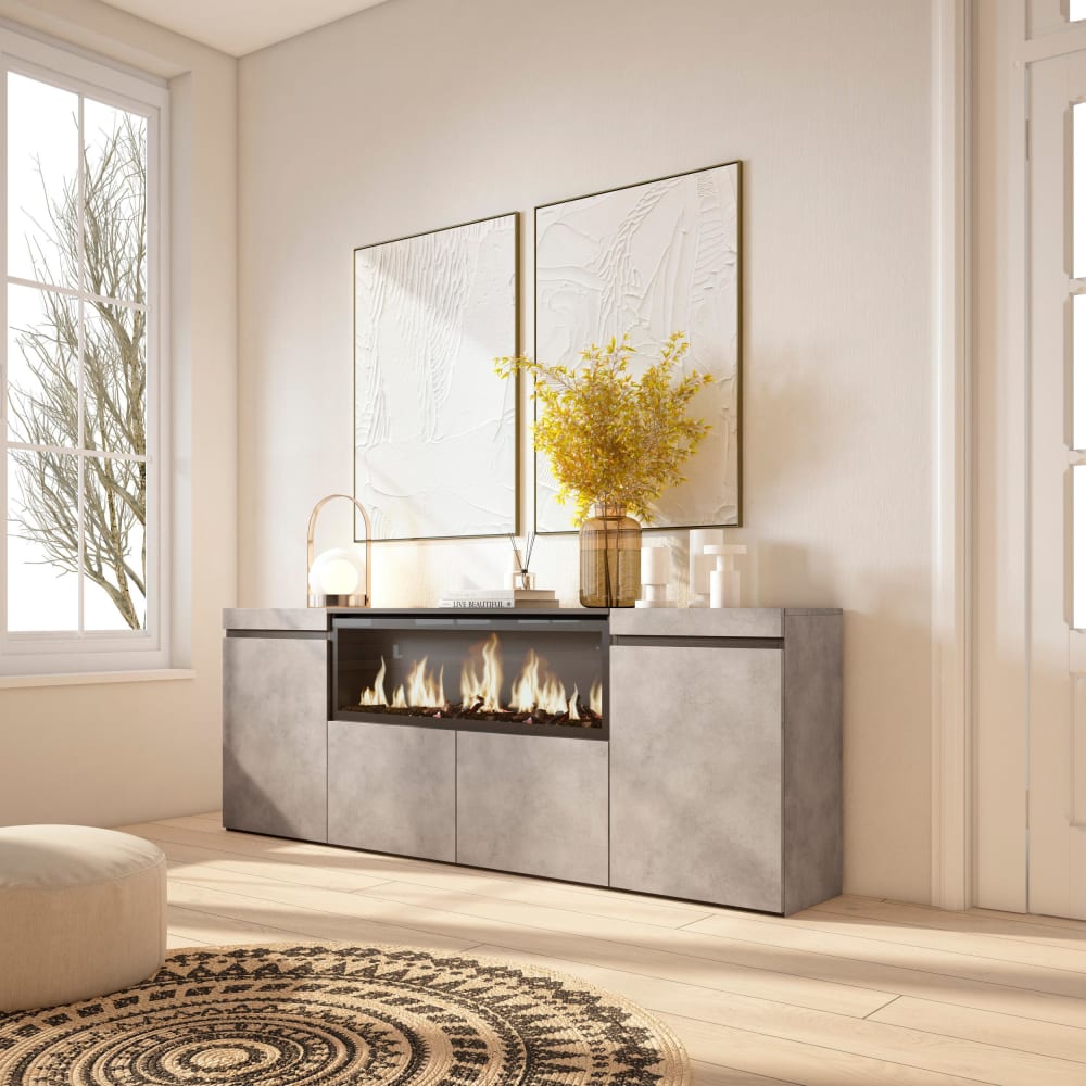 Skraut home Sideboard Holzeffekt Kamin mit Feuereffekt XXL 208x35x75cm Zement style modern Grau Spanplatte
