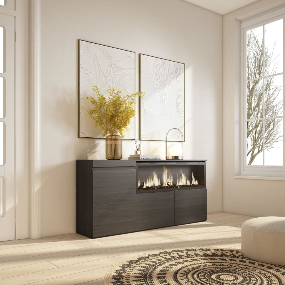 Skraut home Sideboard Holzeffekt Kamin mit Feuereffekt XXL 158x35x75cm Schwarz style modern Schwarz Spanplatte