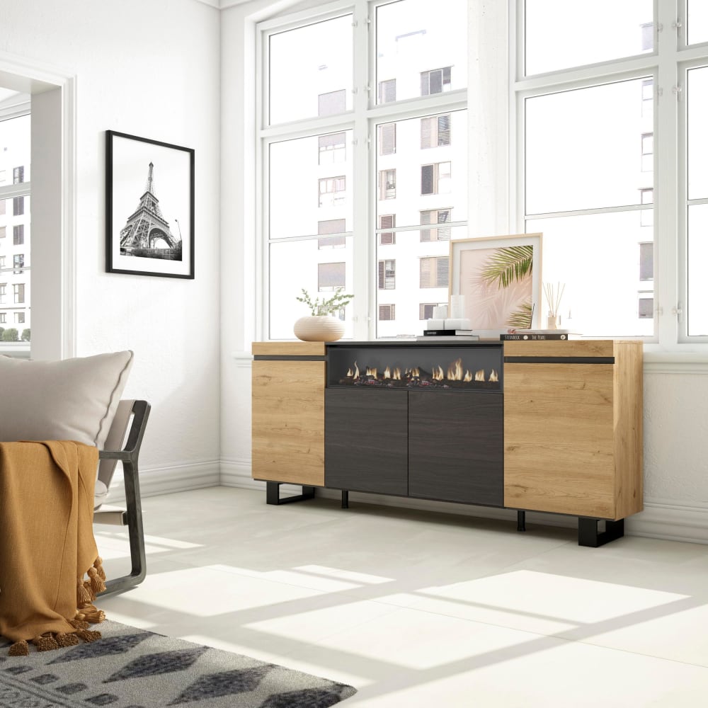 Skraut home Sideboard Holzeffekt Kamin mit Feuereffekt 200x35x87 Eiche und Schwarz style modern Beige Spanplatte