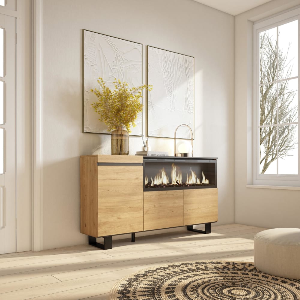 Skraut home Sideboard Holzeffekt Kamin mit Feuereffekt XXL 158x35x87cm Eiche style modern Beige Spanplatte