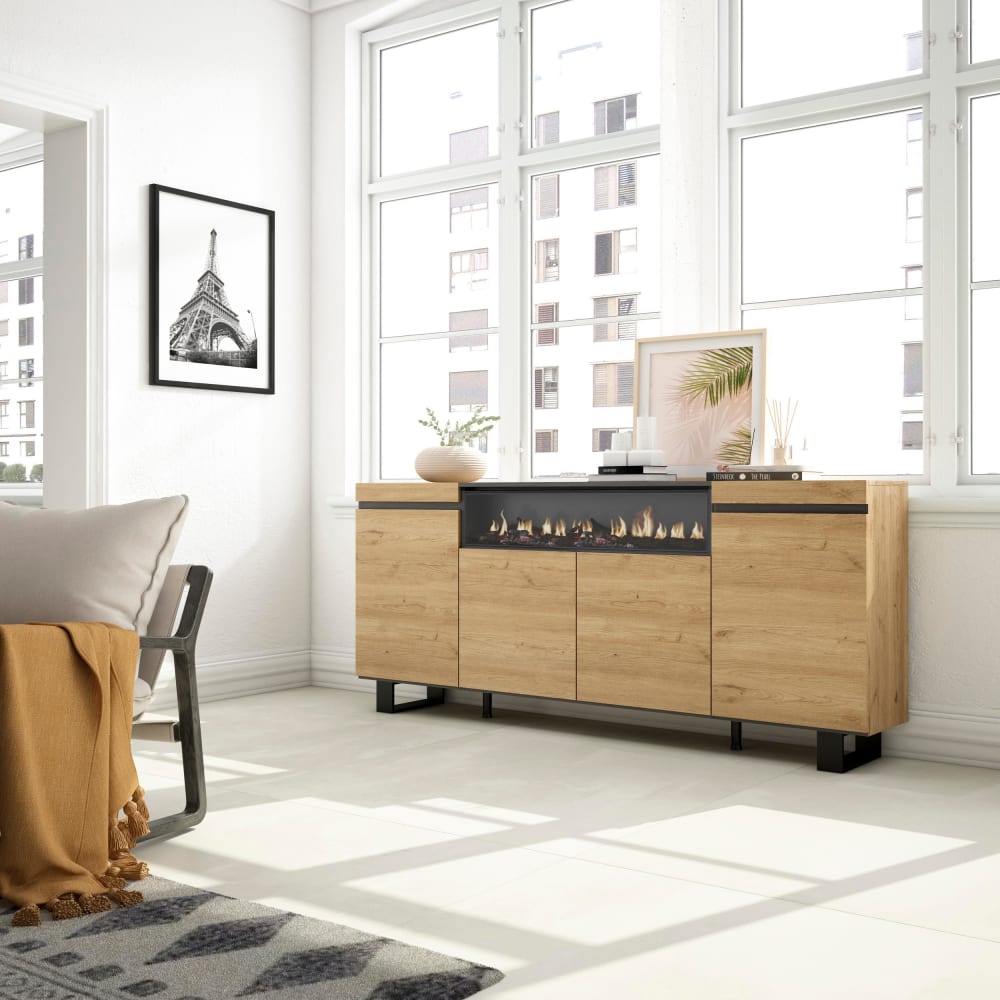 Skraut home Sideboard Holzeffekt Kamin mit Feuereffekt 200x35x87 Eiche und Schwarz style modern Beige Spanplatte