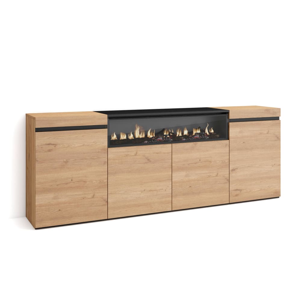 Buffet effet bois de chêne et noir 200x35x75cm cheminée effet feu