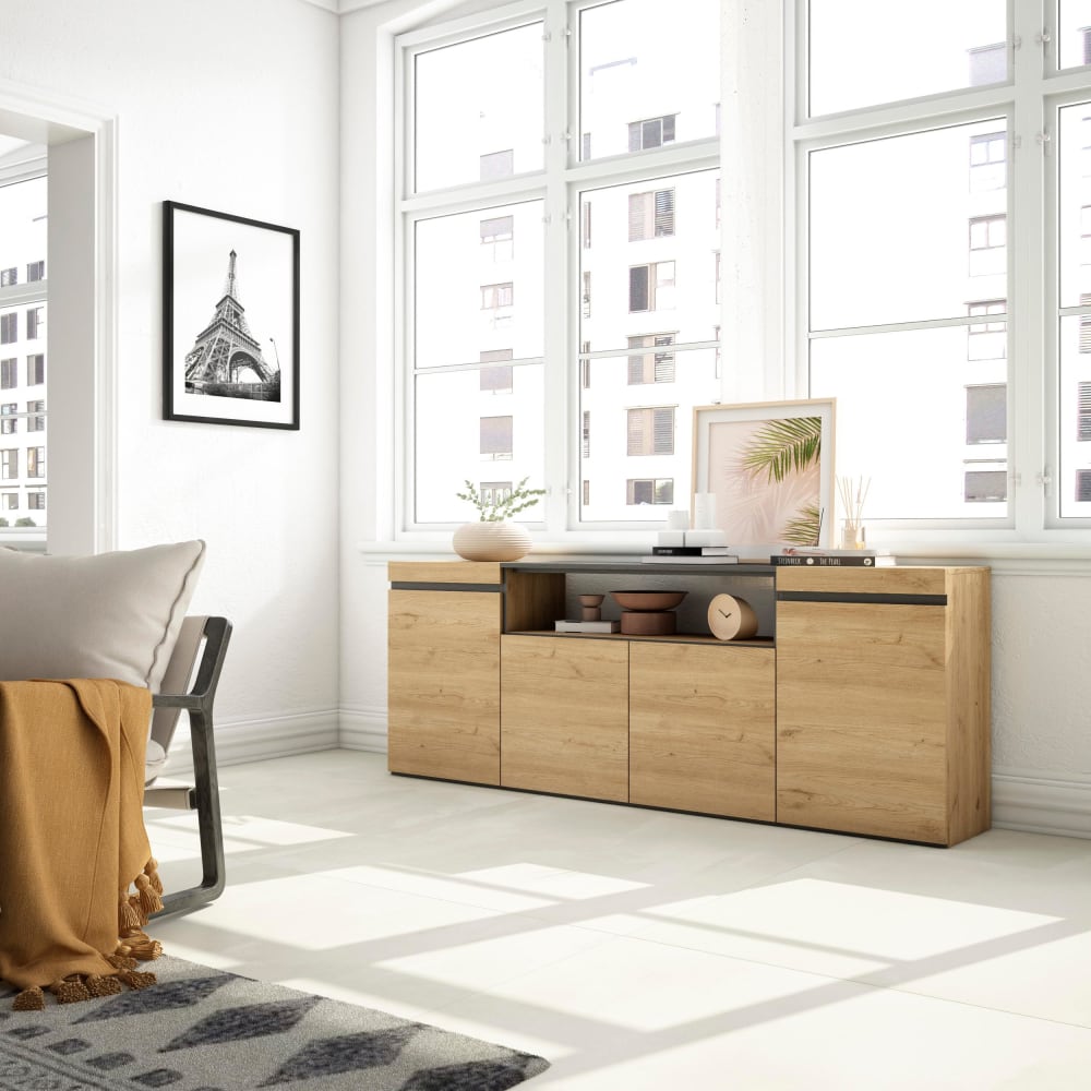 Skraut home Sideboard Holzeffekt 200x35x75cm Eiche und Schwarz style modern Beige Spanplatte