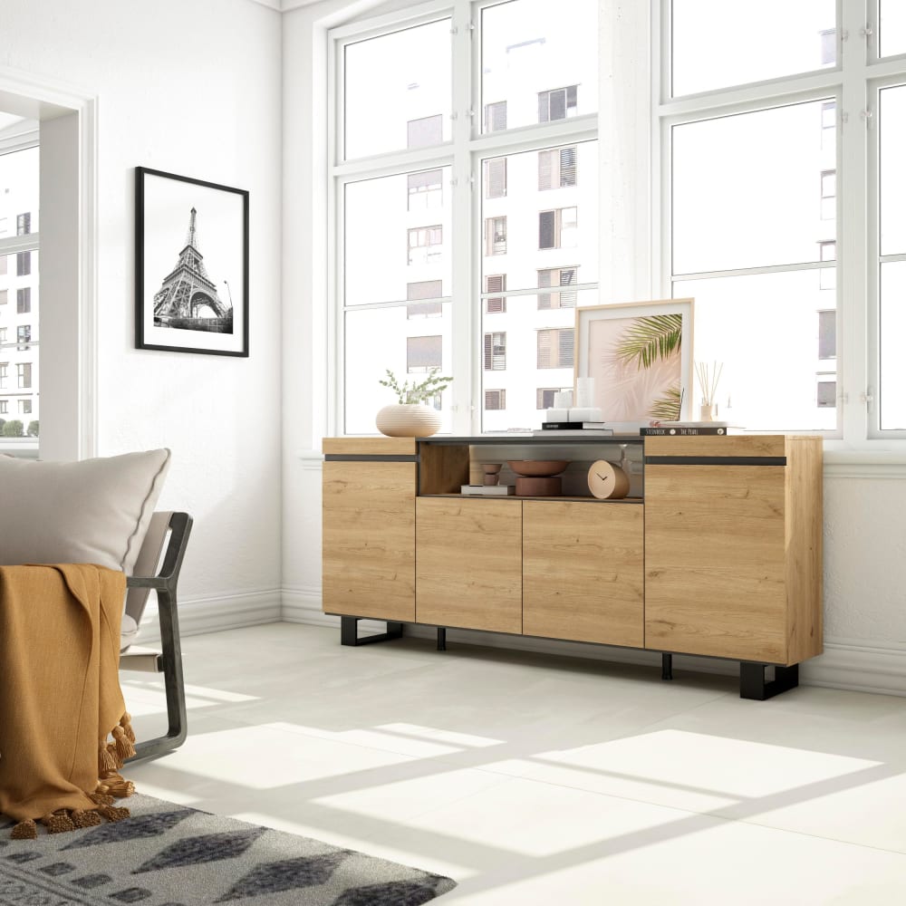 Skraut home Sideboard Holzeffekt mit Beinen 200x35x87cm Eiche und Schwarz style modern Beige Spanplatte