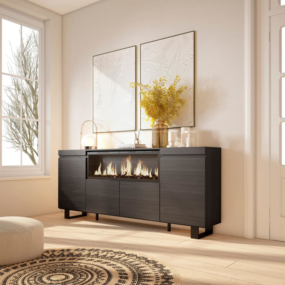 Skraut home Sideboard Holzeffekt Kamin mit Feuereffekt XXL 208x35x87cm Schwarz style modern Schwarz Spanplatte