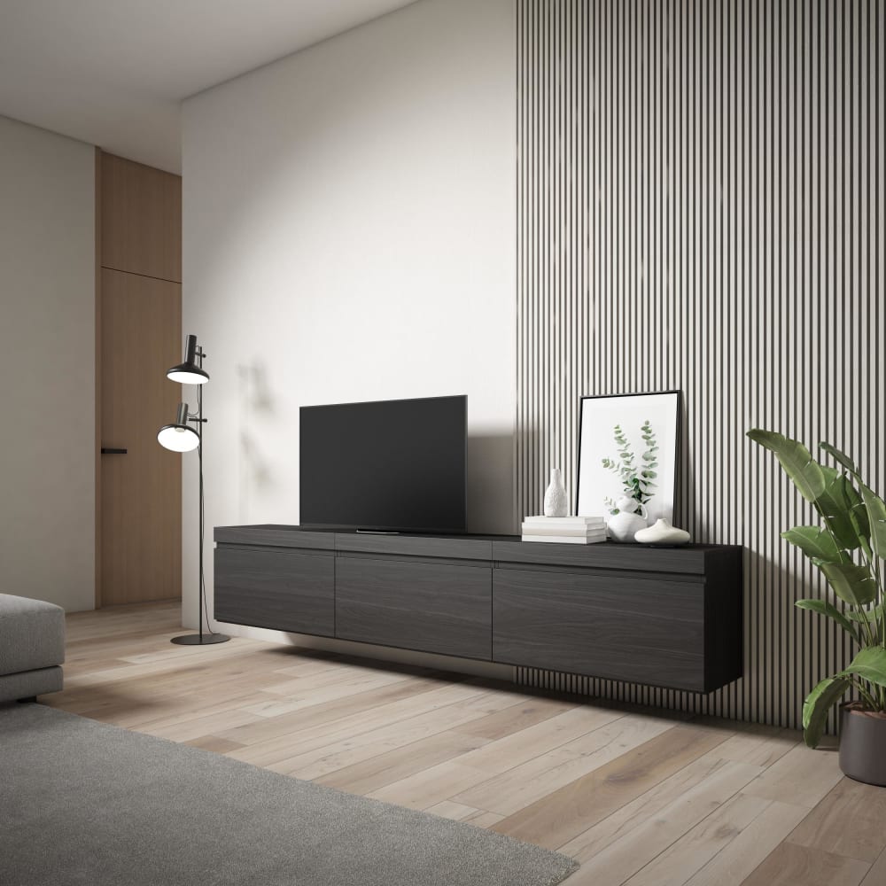 mueble tv efecto madera negro 240x35x45cm colgado