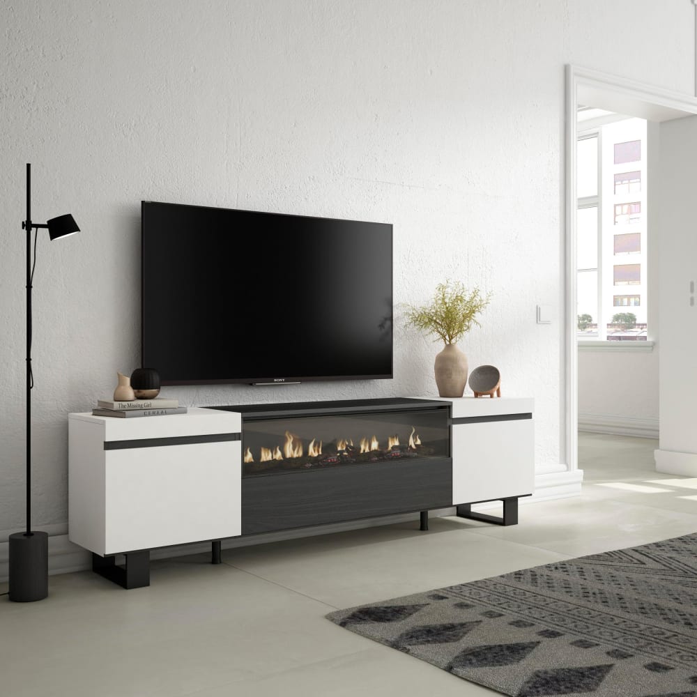 mueble tv efecto madera blanco y negro 200x35x57 chimenea efecto fuego