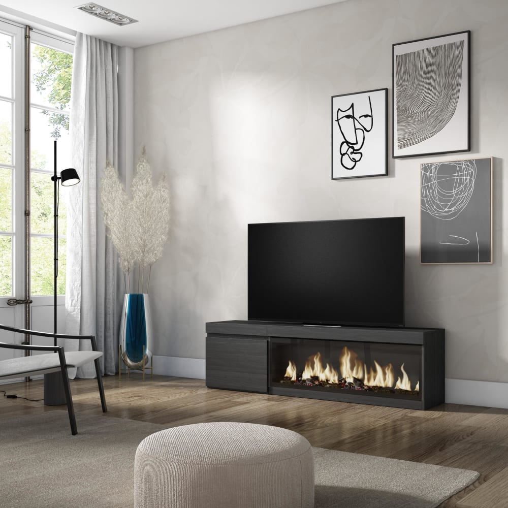 Meuble tv effet bois noir 158x35x45cm cheminée effet feu XXL