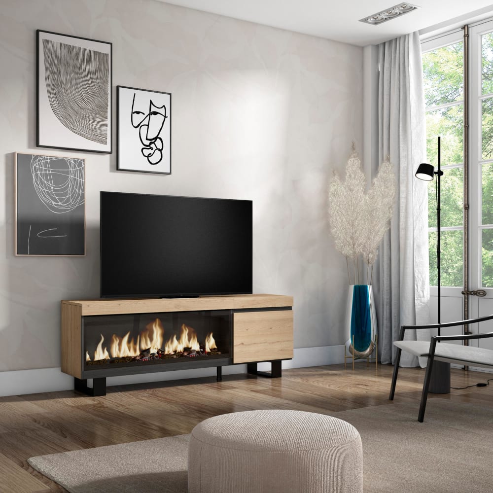 Meuble tv effet bois de chêne 158x35x57cm cheminée effet feu XXL