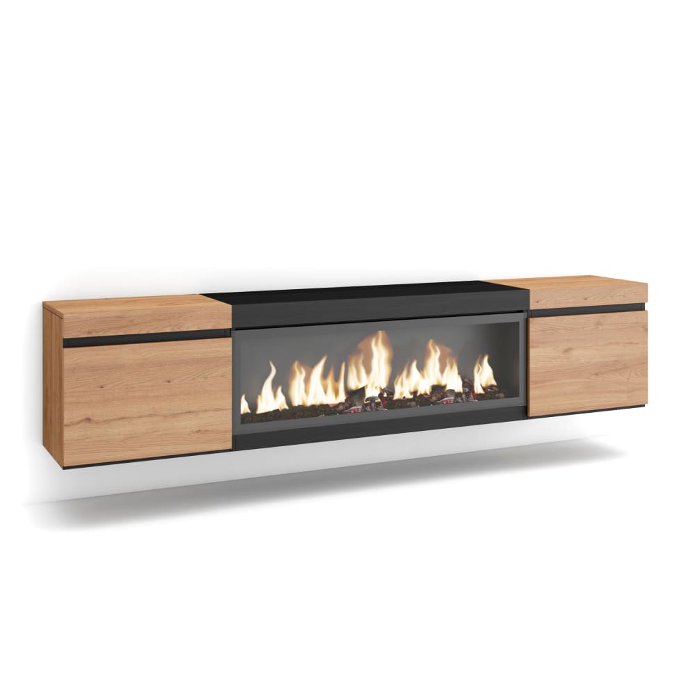 Meuble tv effet bois de chêne et noir 208x35x45 cheminée effet feu XXL