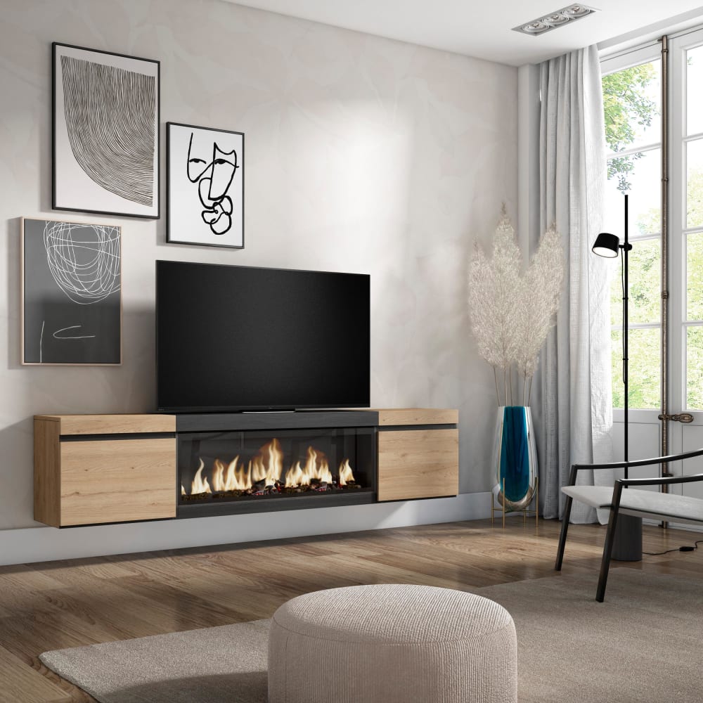 Meuble tv effet bois de chêne et noir 208x35x45 cheminée effet feu XXL