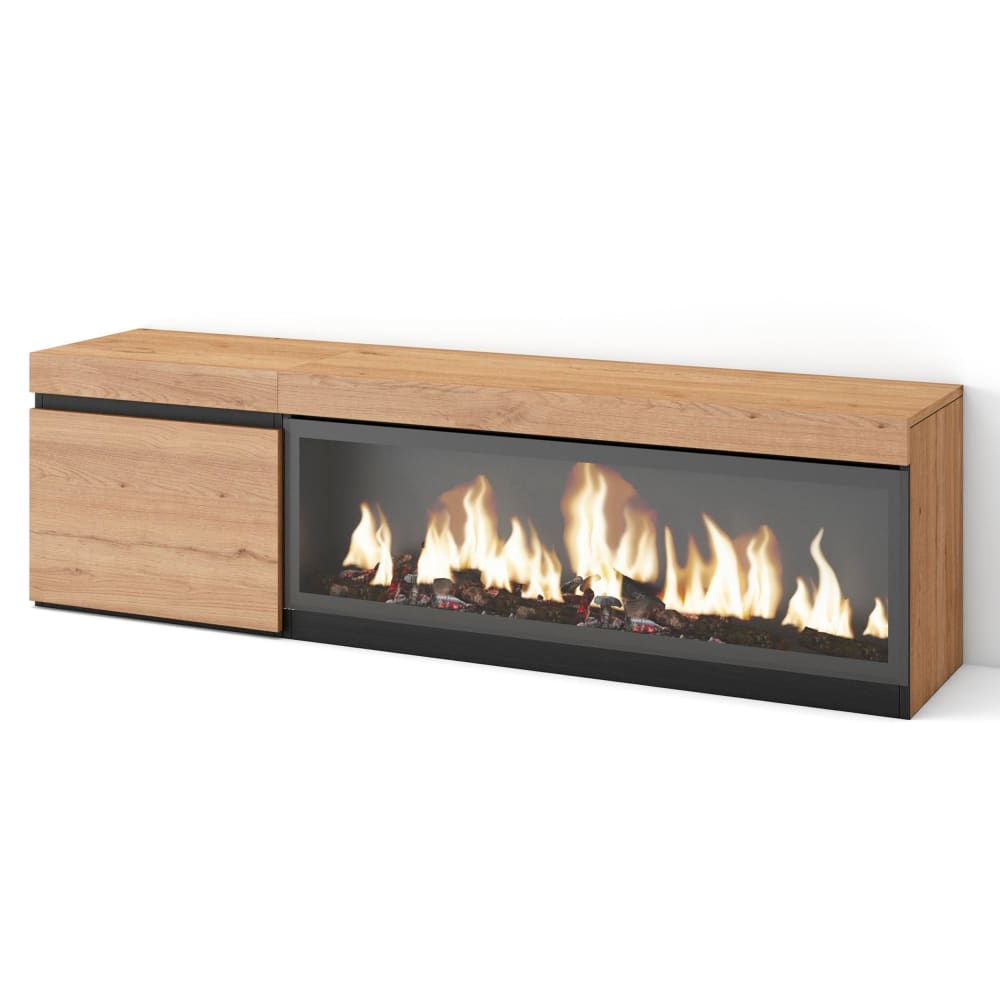 Meuble tv effet bois de chêne 158x35x45cm cheminée effet feu XXL