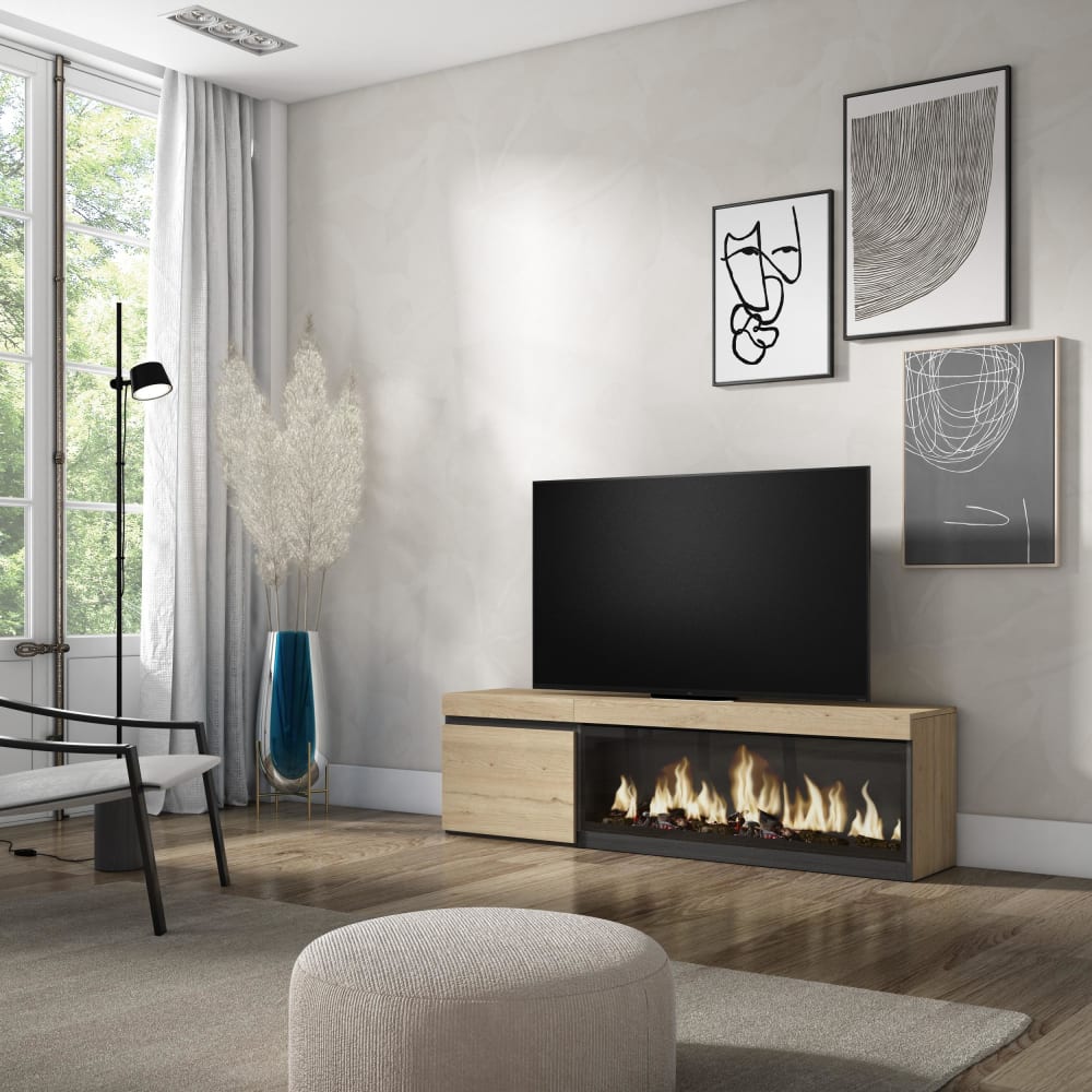 Meuble tv effet bois de chêne 158x35x45cm cheminée effet feu XXL
